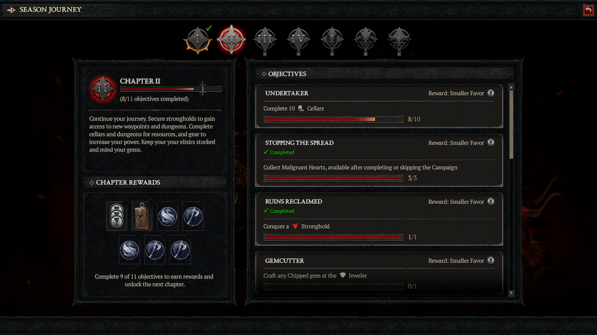 Menu des chapitres saisonniers de Diablo 4