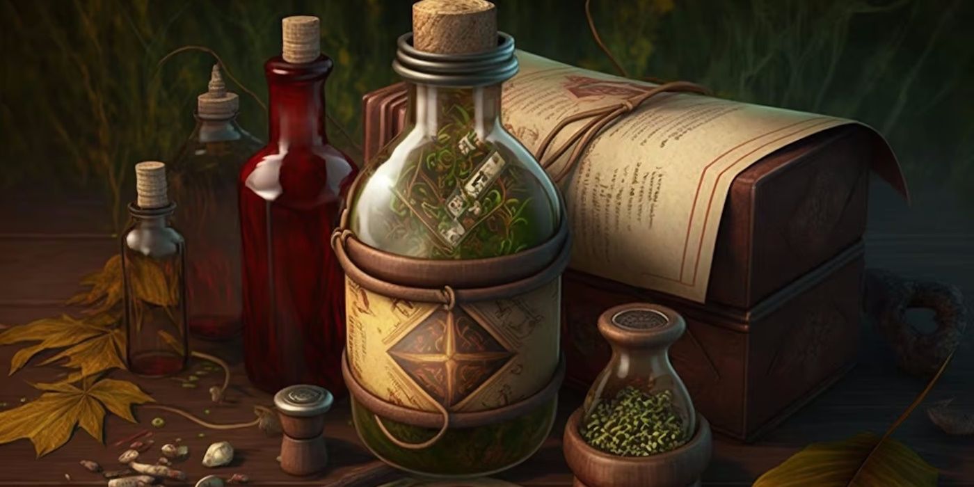 Les objets typiques trouvés dans un kit de guérisseur DnD tels que les herbes et les potions