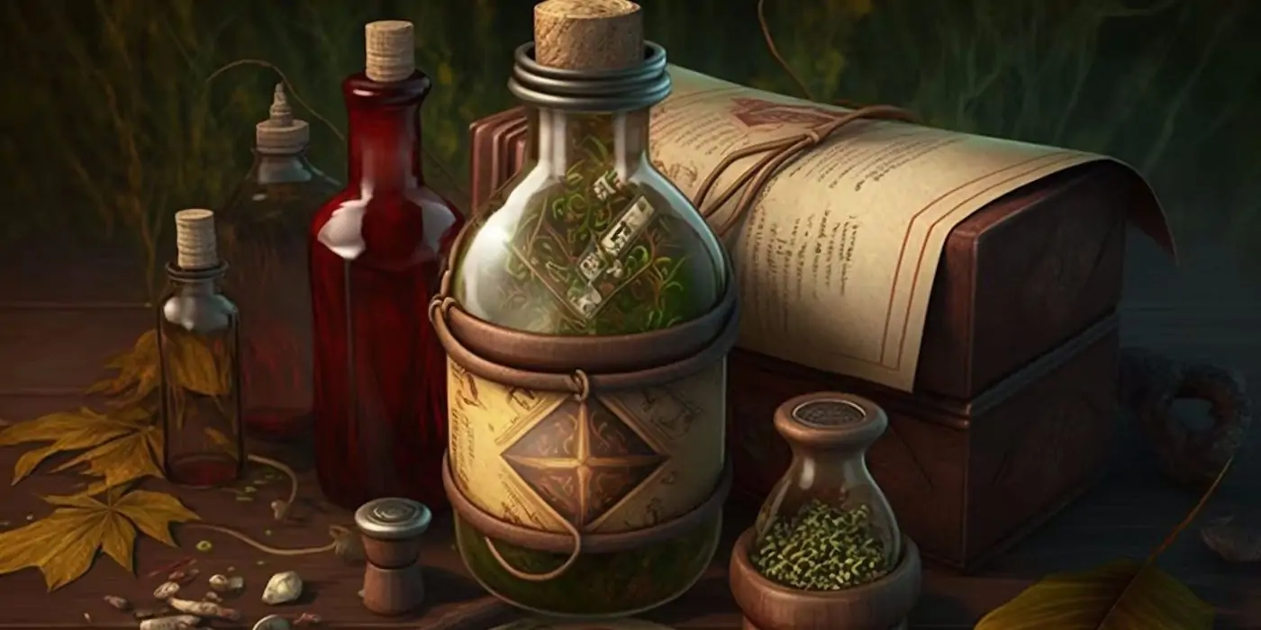 Les objets typiques trouvés dans un kit de guérisseur DnD tels que les herbes et les potions