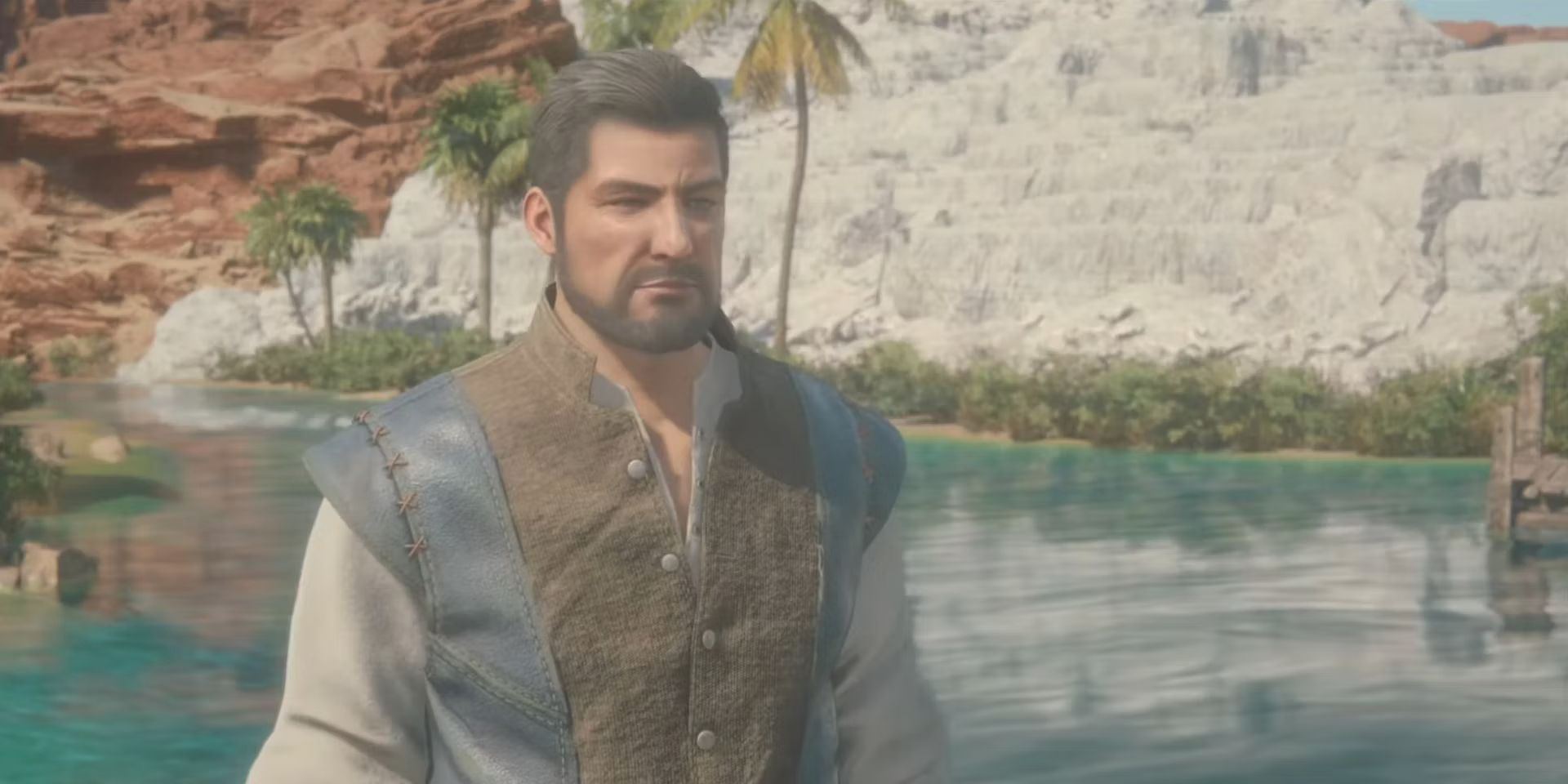 L'intendant mis en scène Otto se tient devant une rivière déserte, donnant à Clive un regard déterminé.