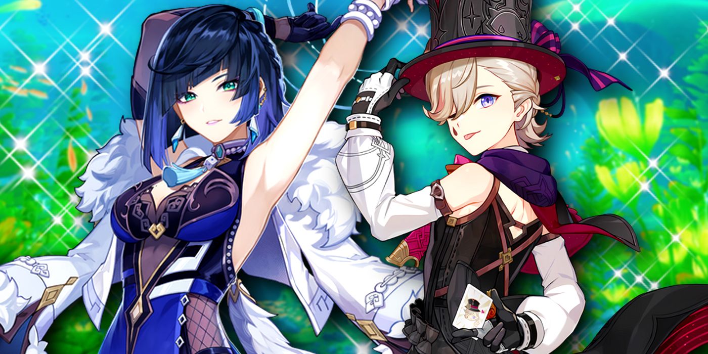 Genshin Impact's Yelan pose à gauche, tandis que Lyney ajuste son chapeau haut de forme à droite.  Il y a un effet scintillant derrière eux.