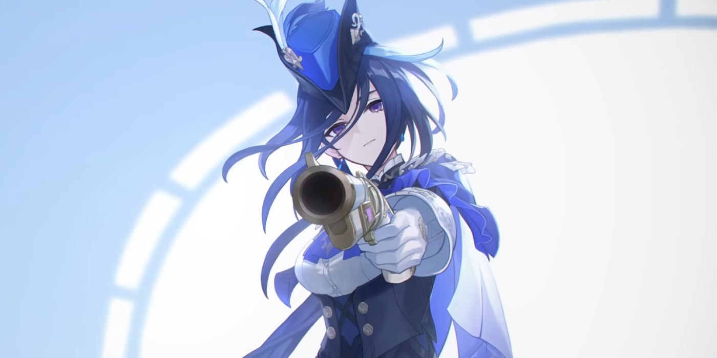 Genshin ImpactClorinde pointe un pistolet dans la direction du spectateur.  Elle porte des vêtements militaires formels avec un chapeau tricorne.