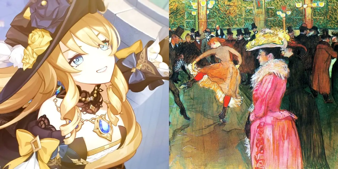 Genshin Impact's Navia sourit en montant sur la gauche.  La droite présente une peinture Belle Epoque de personnes dansant dans une salle de bal.