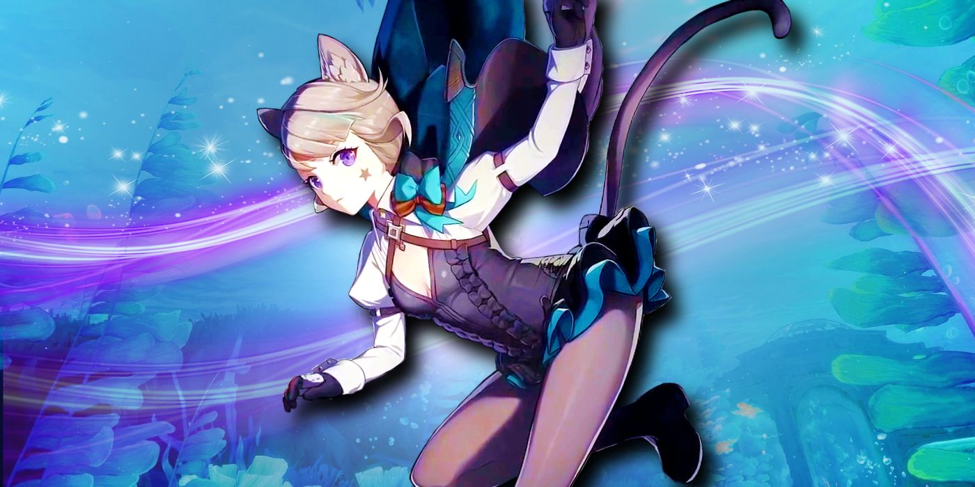 Genshin Impact's Lynette pose au milieu avec un effet fluide violet derrière elle.  En arrière-plan, des plantes sous-marines de la région de Fontaine.