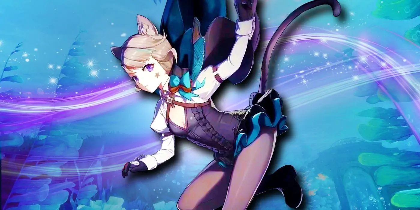 Genshin Impact's Lynette pose au milieu avec un effet fluide violet derrière elle.  En arrière-plan, des plantes sous-marines de la région de Fontaine.