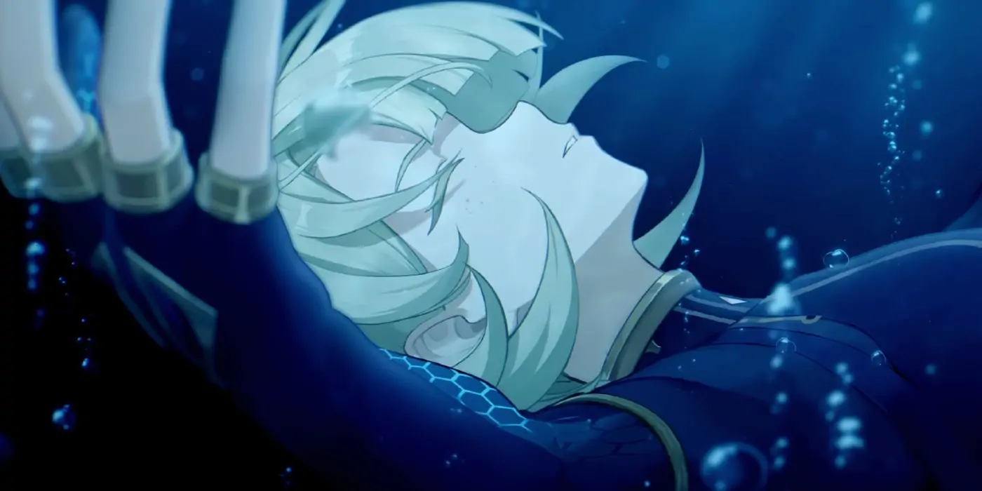 Genshin Impact's Freminet s'enfonce sous l'eau les yeux fermés.