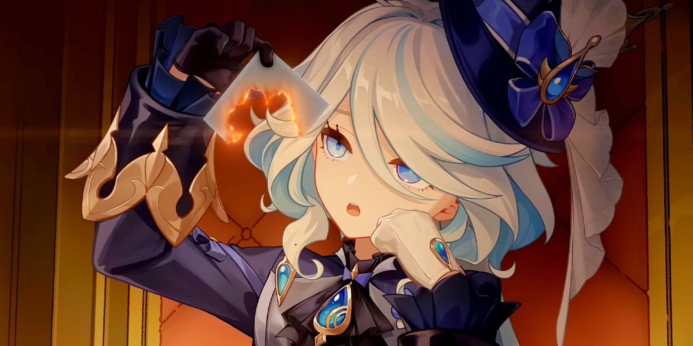 Genshin Impact's Furina regarde une photographie brûlante, qu'elle tient avec sa main droite.  Elle repose sa tête sur sa main gauche.