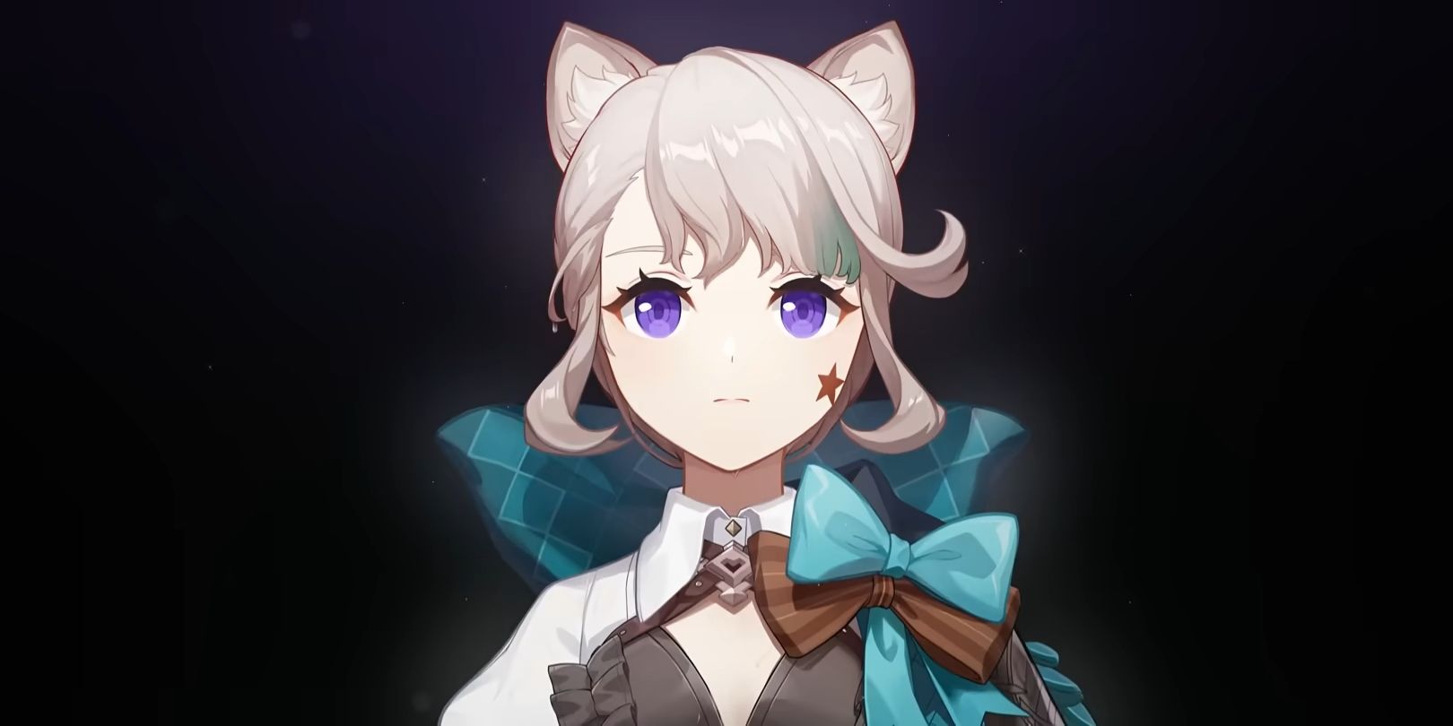Genshin Impact's Lynette regarde sérieusement la direction du spectateur.  Elle est bien éclairée sur un fond d'un noir absolu.