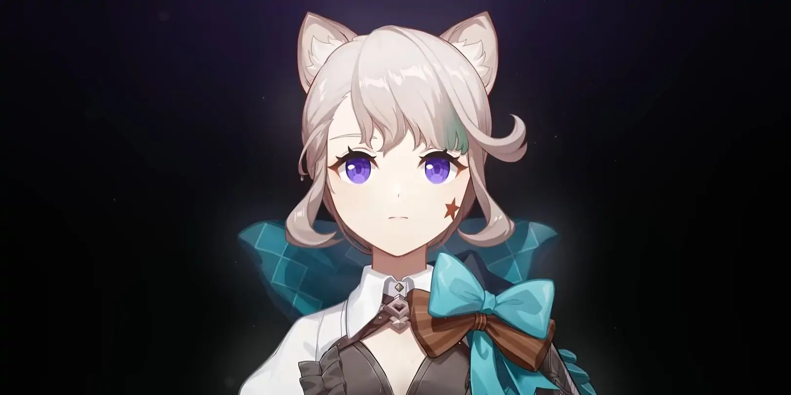 Genshin Impact's Lynette regarde sérieusement la direction du spectateur.  Elle est bien éclairée sur un fond d'un noir absolu.