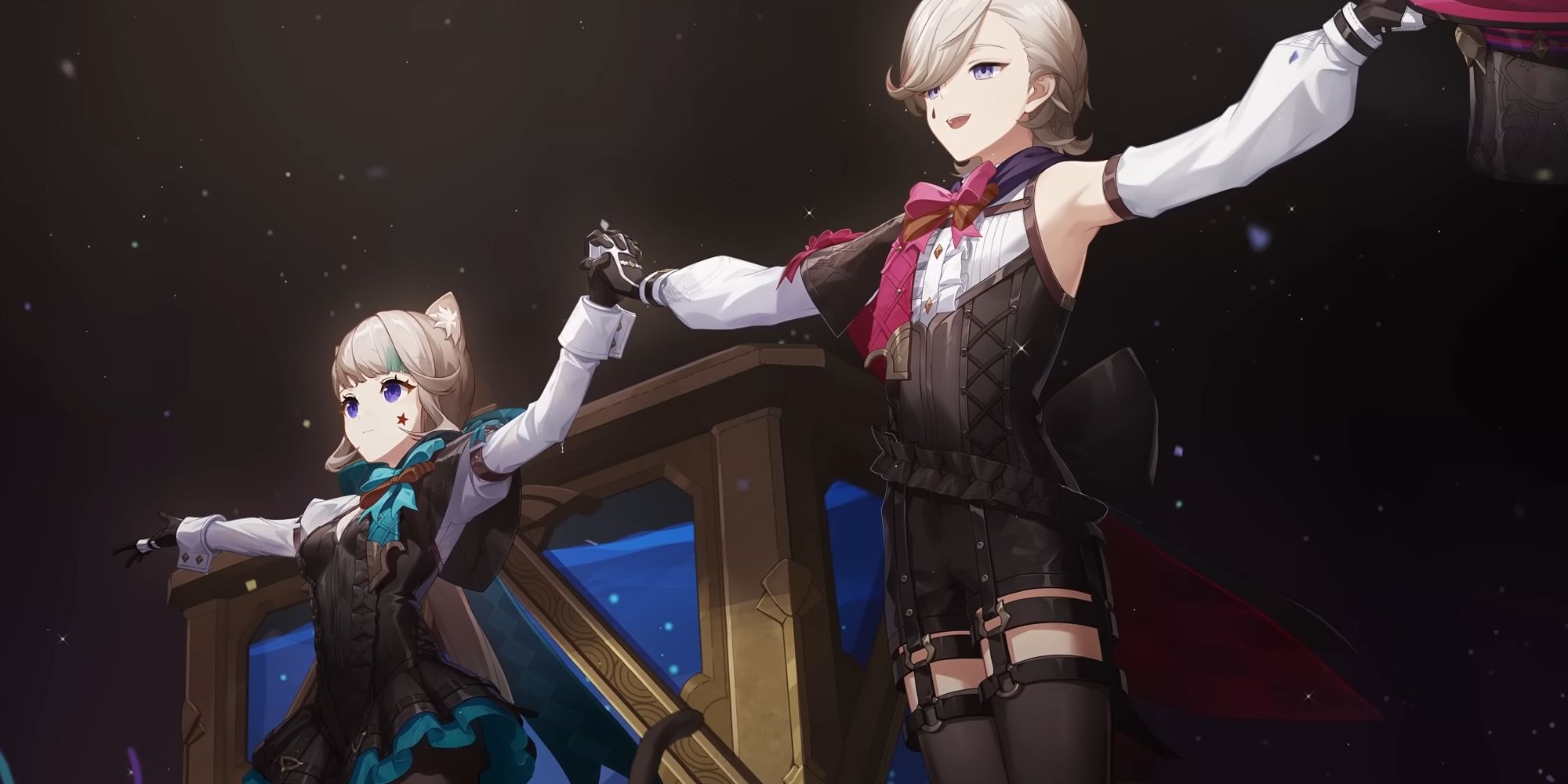 Genshin Impact's Lynette et Lyney se tiennent la main et se présentent sur une scène au public.