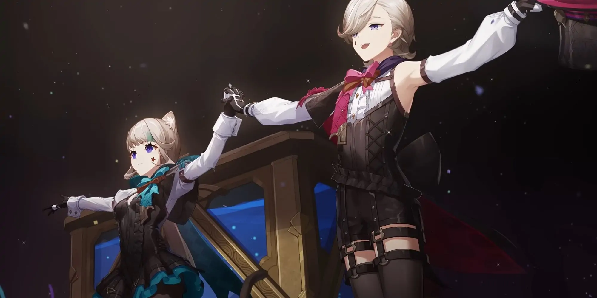 Genshin Impact's Lynette et Lyney se tiennent la main et se présentent sur une scène au public.