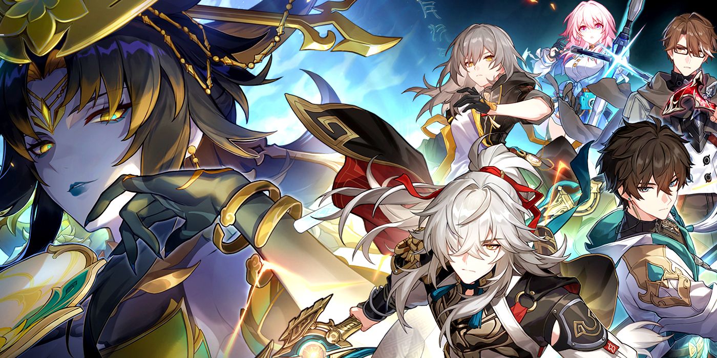 L'art clé de Honkai Star Rail 1.2, avec Phantylia à gauche, avec Dan Hen, Jing Yuan, Welt, la femme Trailblazer et le 7 mars posant tous à droite.
