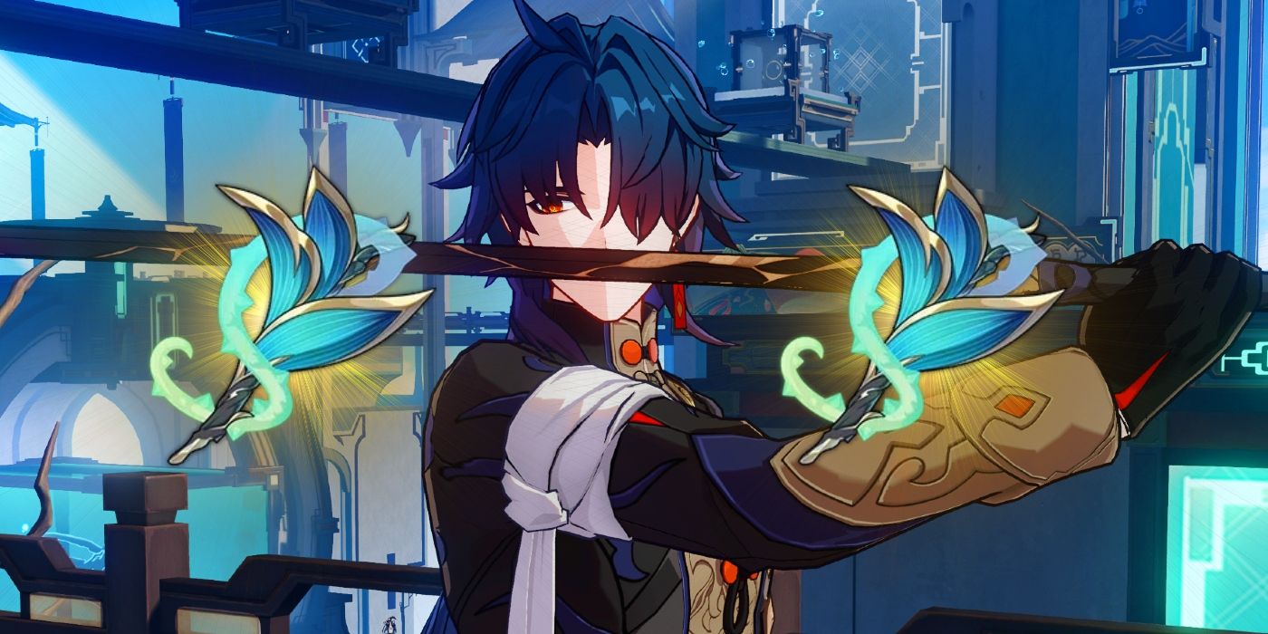La lame de Honkai Star Rail tient son épée au milieu, tandis que deux morceaux de débris ascendants l'entourent.