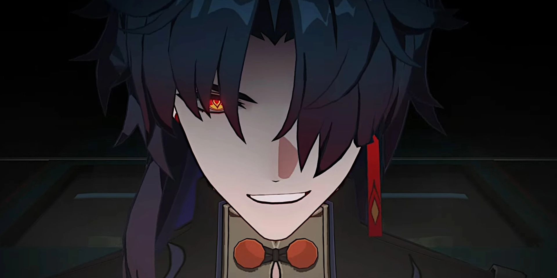 Un gros plan sur le visage de Blade pendant qu'il sourit dans une cinématique Honkai Star Rail.