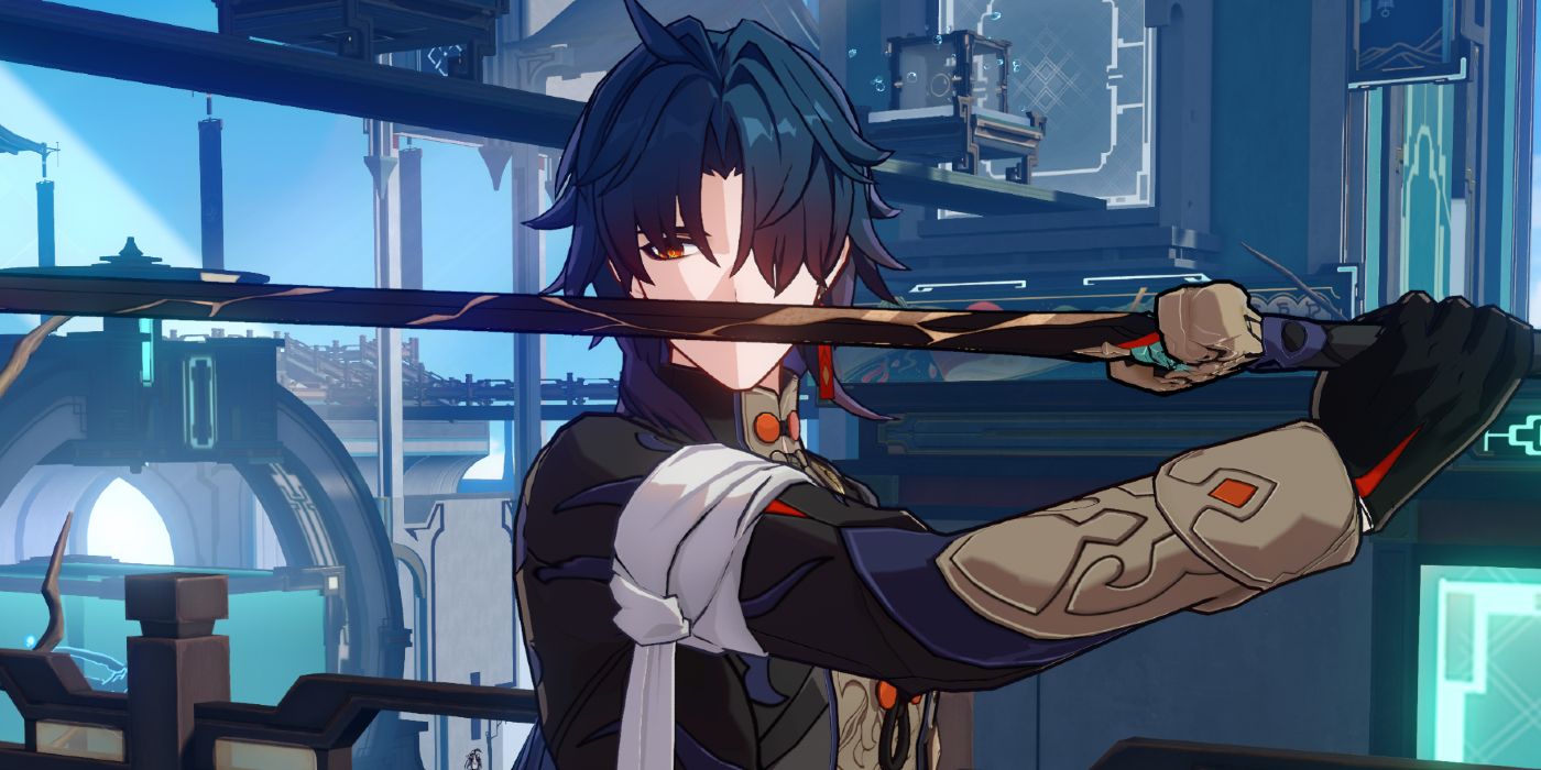 Une photo de Blade de Honkai Star Rail posant avec son épée dans le jeu.