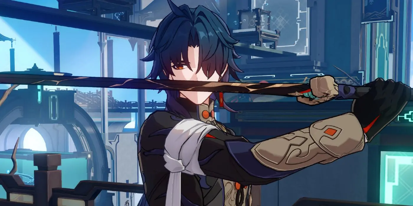 Une photo de Blade de Honkai Star Rail posant avec son épée dans le jeu.
