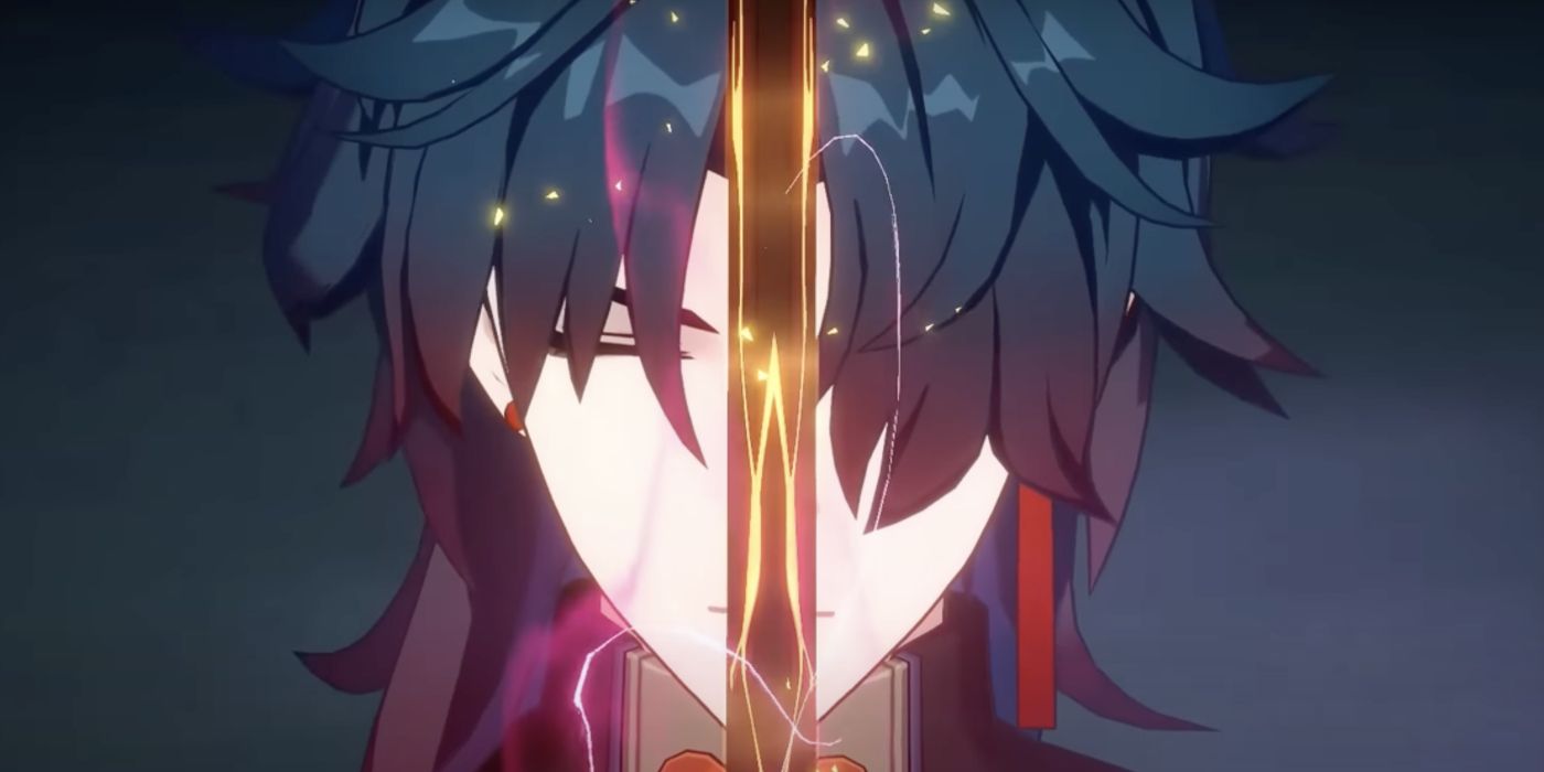 Lame de Honkai Star Rail ferme les yeux et tient son épée près de son visage.
