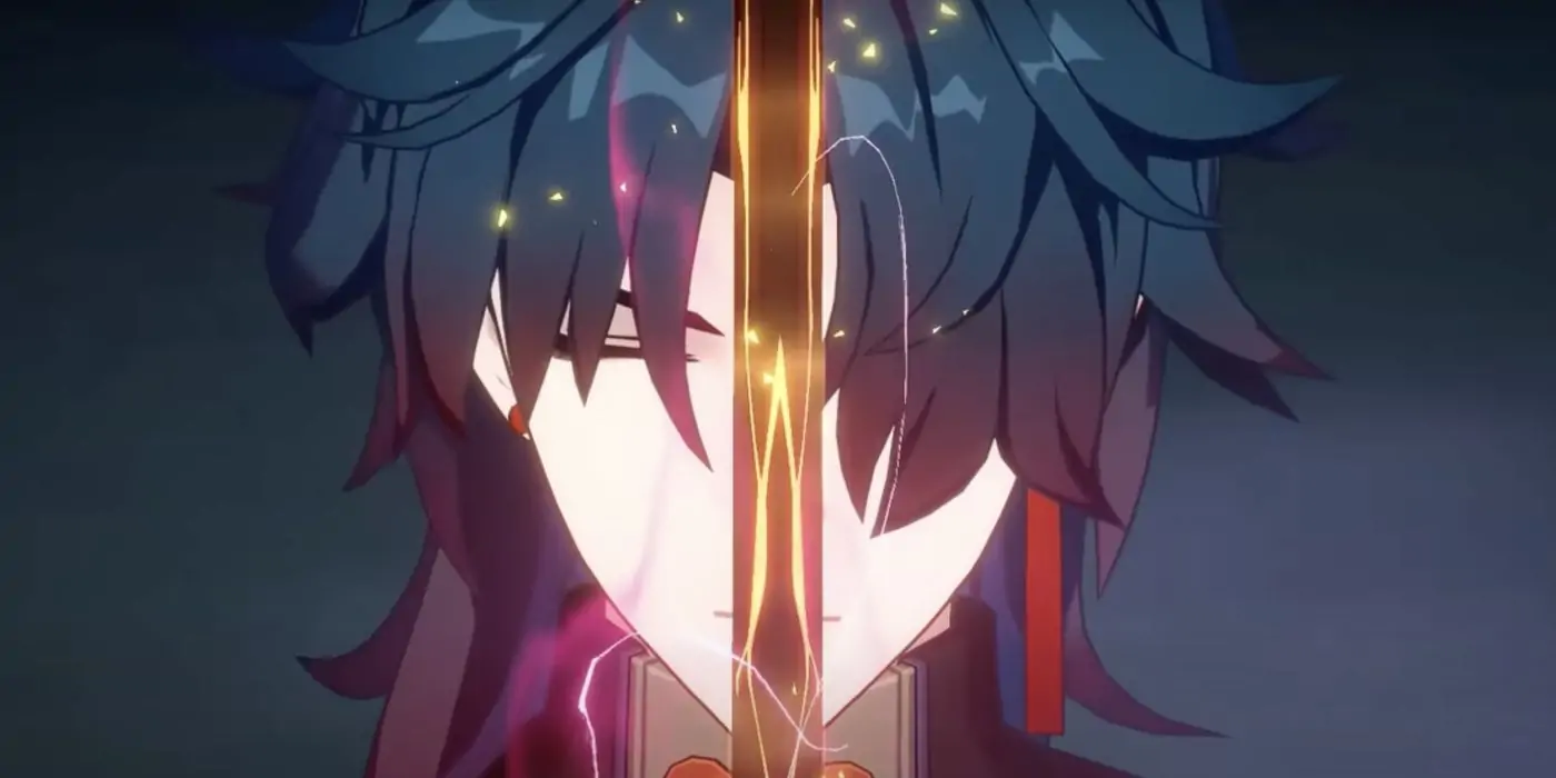 Lame de Honkai Star Rail ferme les yeux et tient son épée près de son visage.