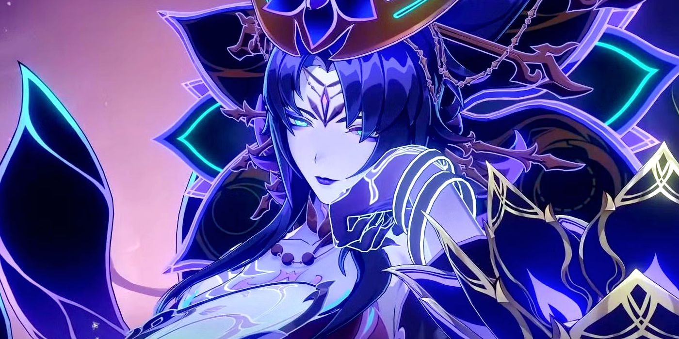 Le boss Phantylia de Honkai Star Rail pendant la phase 2. Elle brille en violet alors qu'elle repose sa tête sur sa main.
