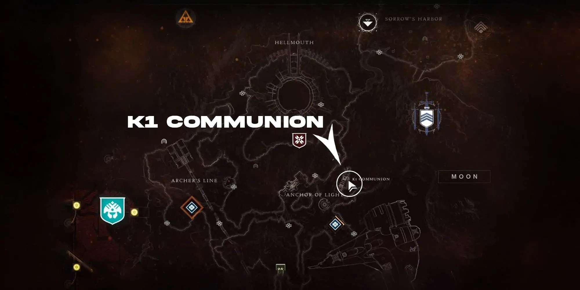 Le secteur perdu de la communion K1 de Destiny 2 est mis en évidence sur la carte de la Lune.