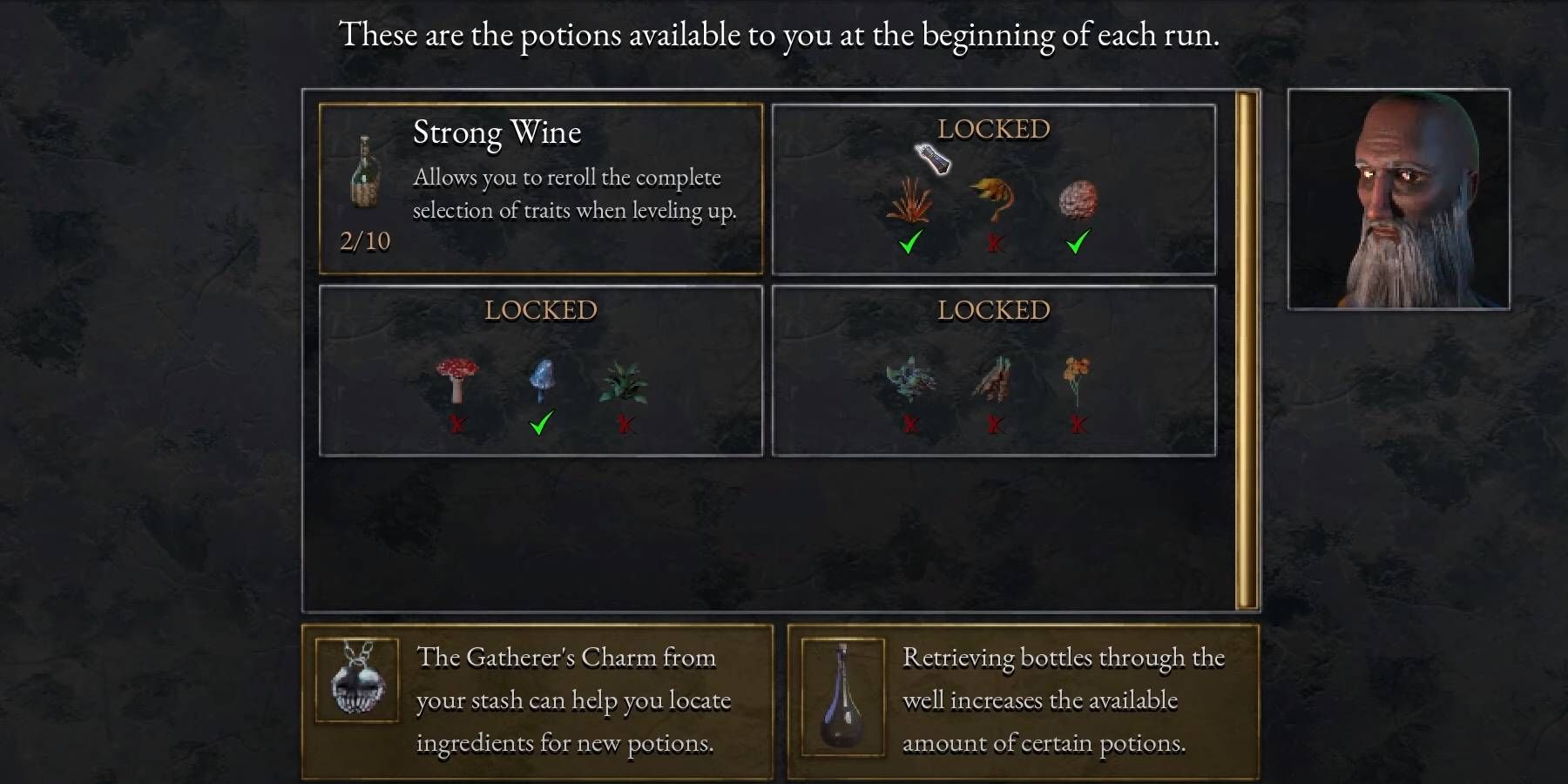 Écran de potion Halls of Tourment avec du vin fort et d'autres ingrédients nécessaires pour débloquer plus