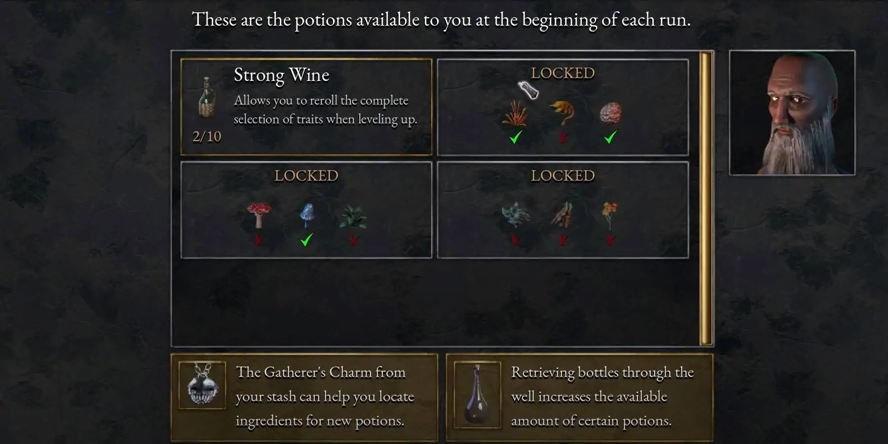 Écran de potion Halls of Tourment avec du vin fort et d'autres ingrédients nécessaires pour débloquer plus
