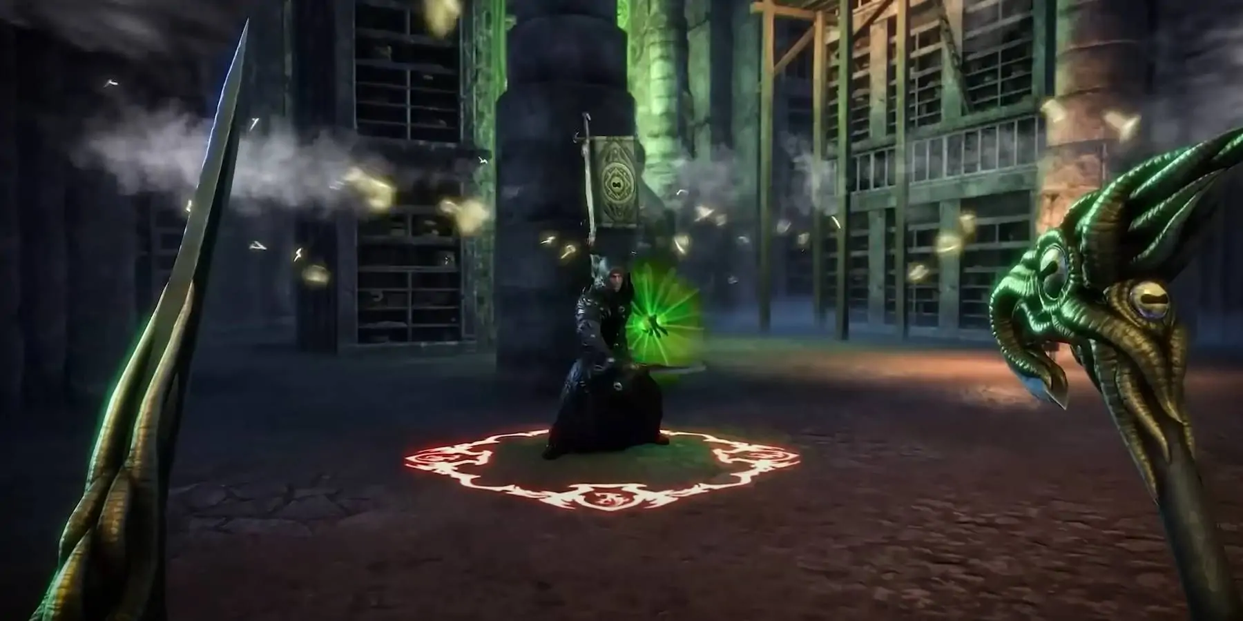 The Elder Scrolls Online: Necrom Arcanist Class utilisant des armes pour combattre le mage ennemi