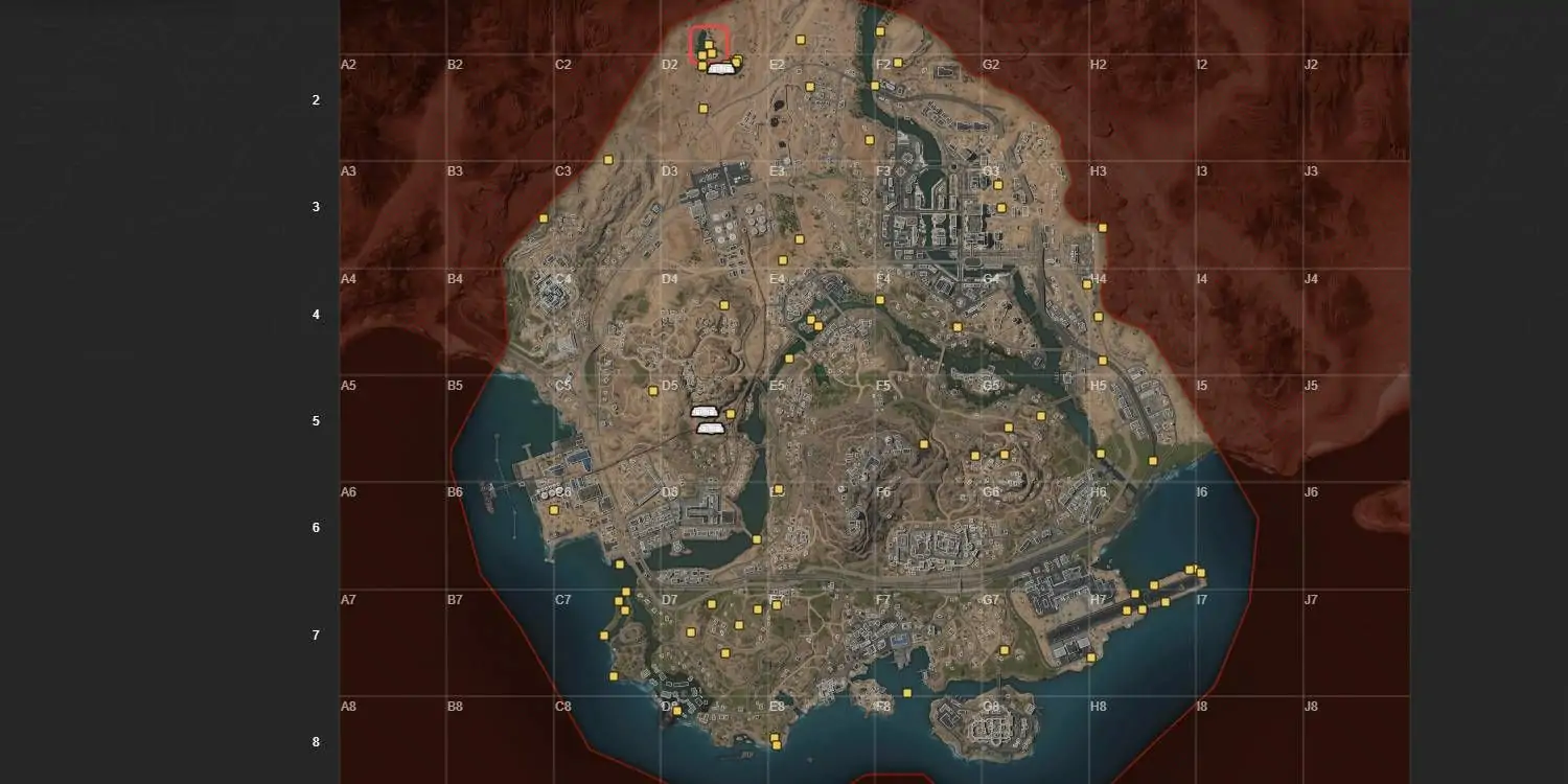 Emplacements des caches cachées d'Al Mazrah dans Warzone 2 marqués en points jaunes