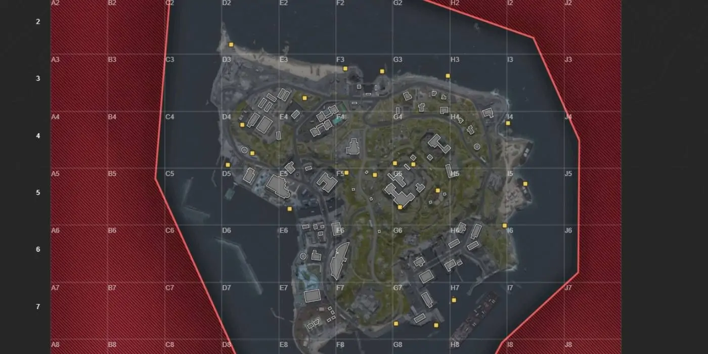 Emplacements des caches cachées de l'île Ashika de Warzone 2 marqués en points jaunes