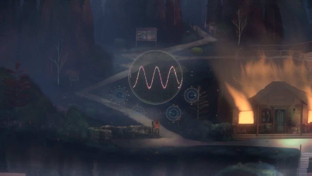 Le deuxième puzzle de boucle temporelle dans Oxenfree II, près du magasin général en feu.