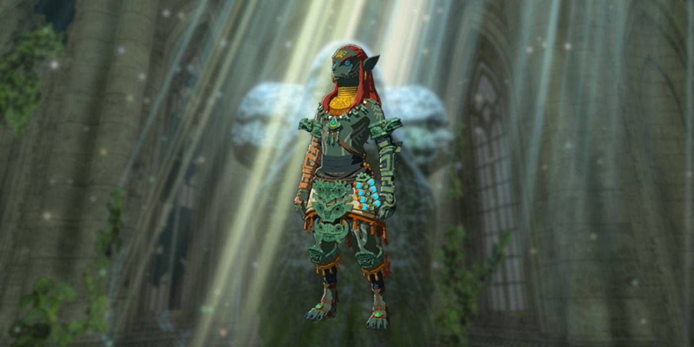 Link portant l'armure Aspect du héros antique de Tears of the Kingdom sur une image de fond d'une statue de déesse.