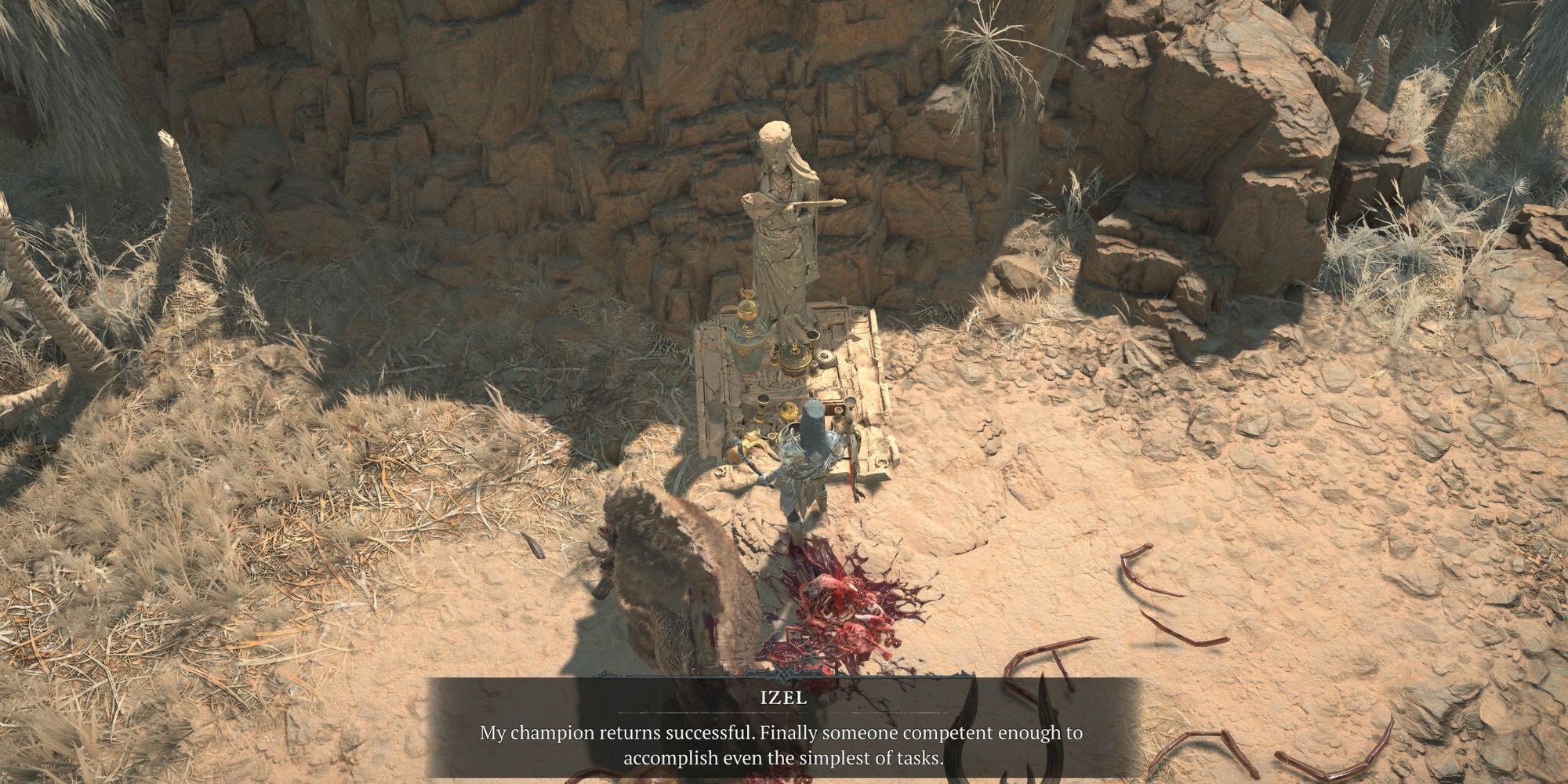 Un joueur parlant à Izel en tant que statue dans Diablo 4