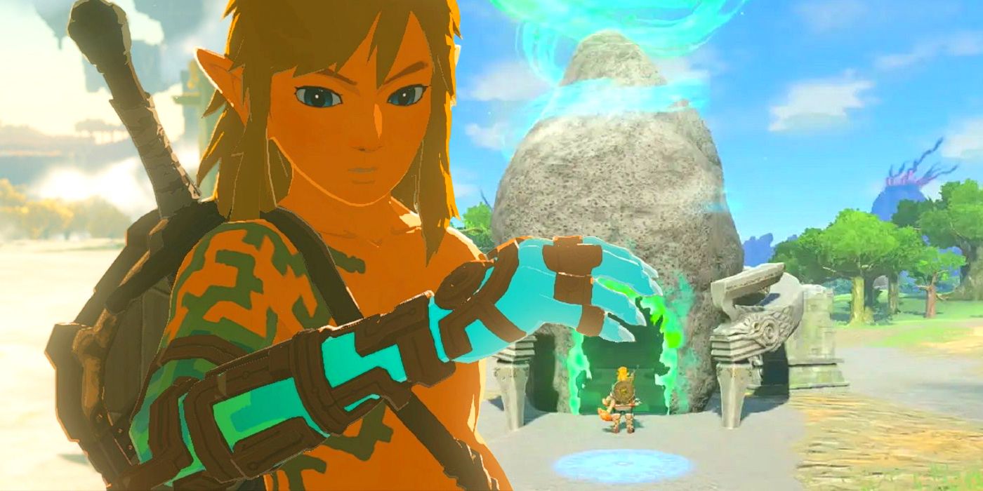 Link regardant son nouveau bras Zonai édité à côté de lui entrant dans un sanctuaire à Hyrule Field.