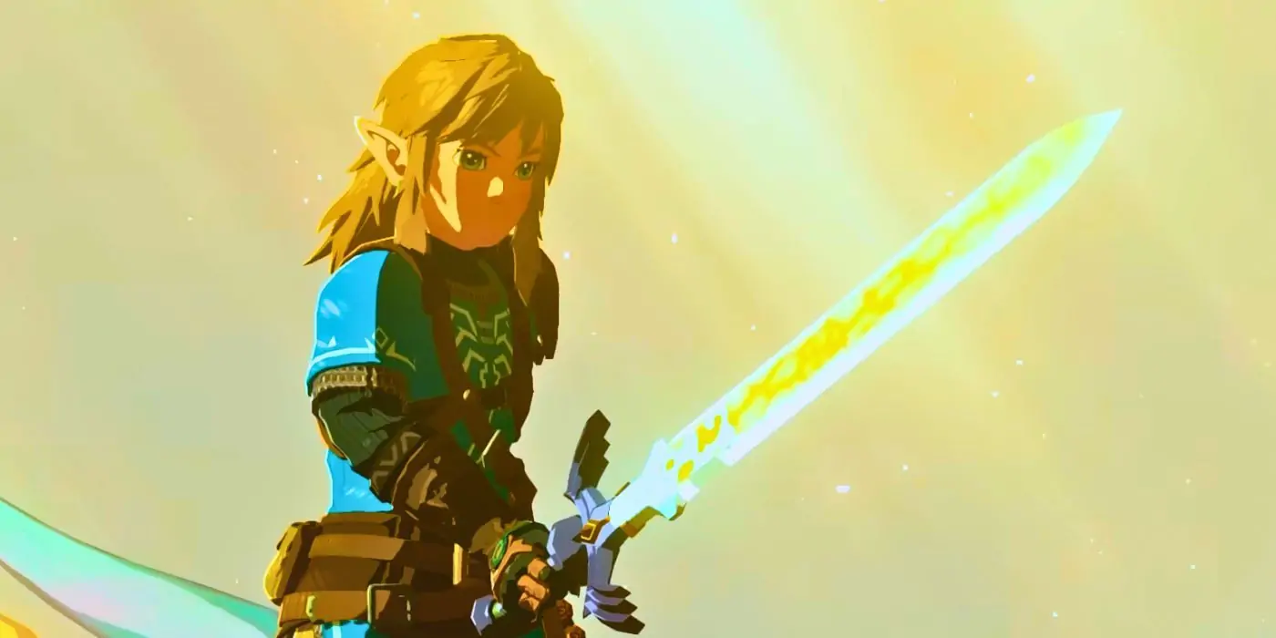 Link tenant la Master Sword devant lui dans Tears of the Kingdom, étudiant la lame.