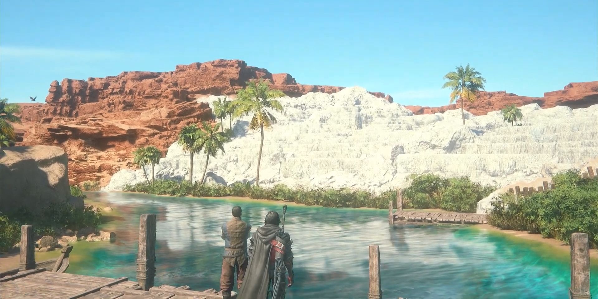 Otto et Clive se tiennent dos au joueur, regardant de l'autre côté de la rivière les palmiers de l'autre côté.