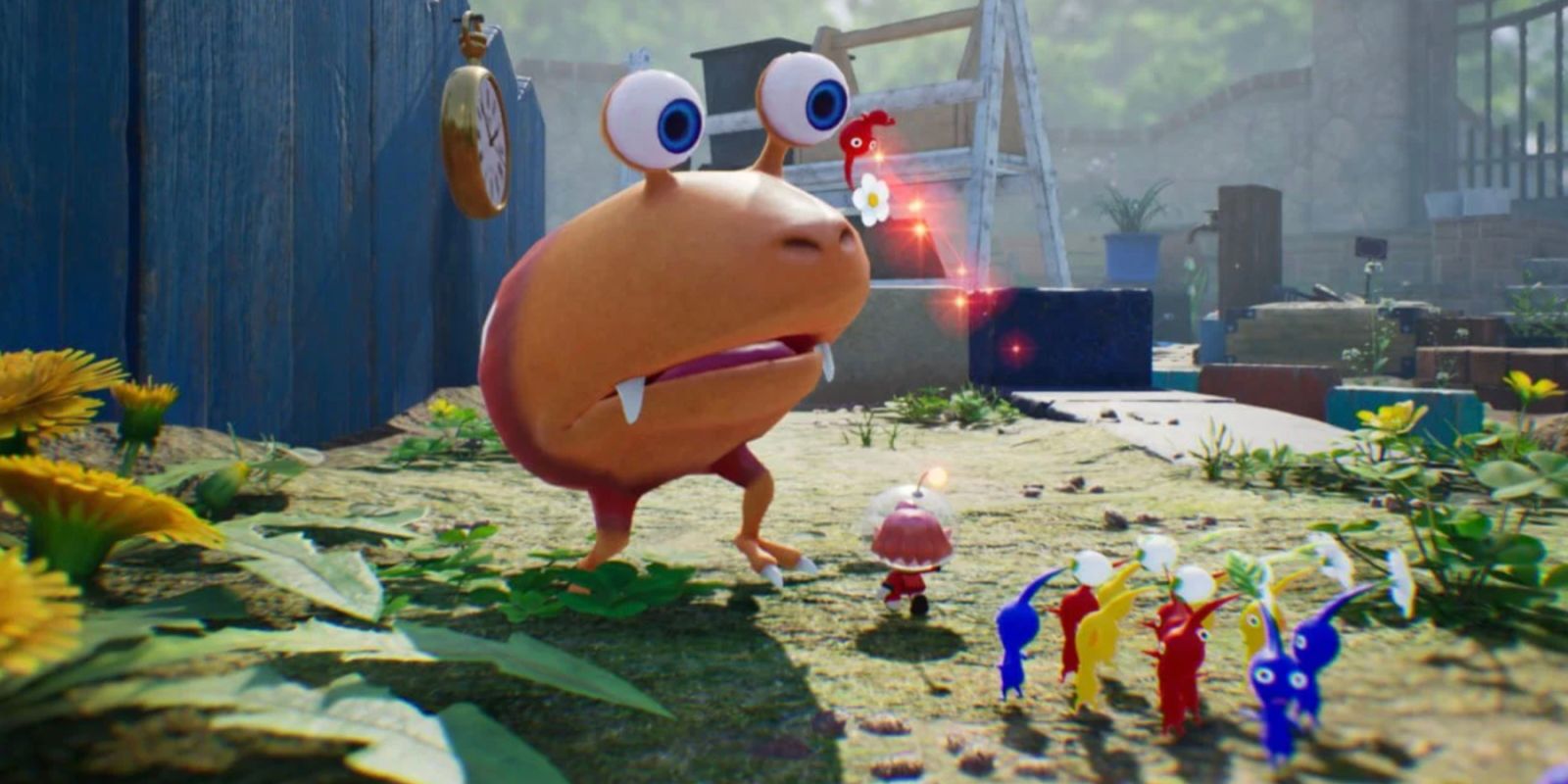 Pikmin 4 pikman géant regarde les plus petits avec un visage inquiet