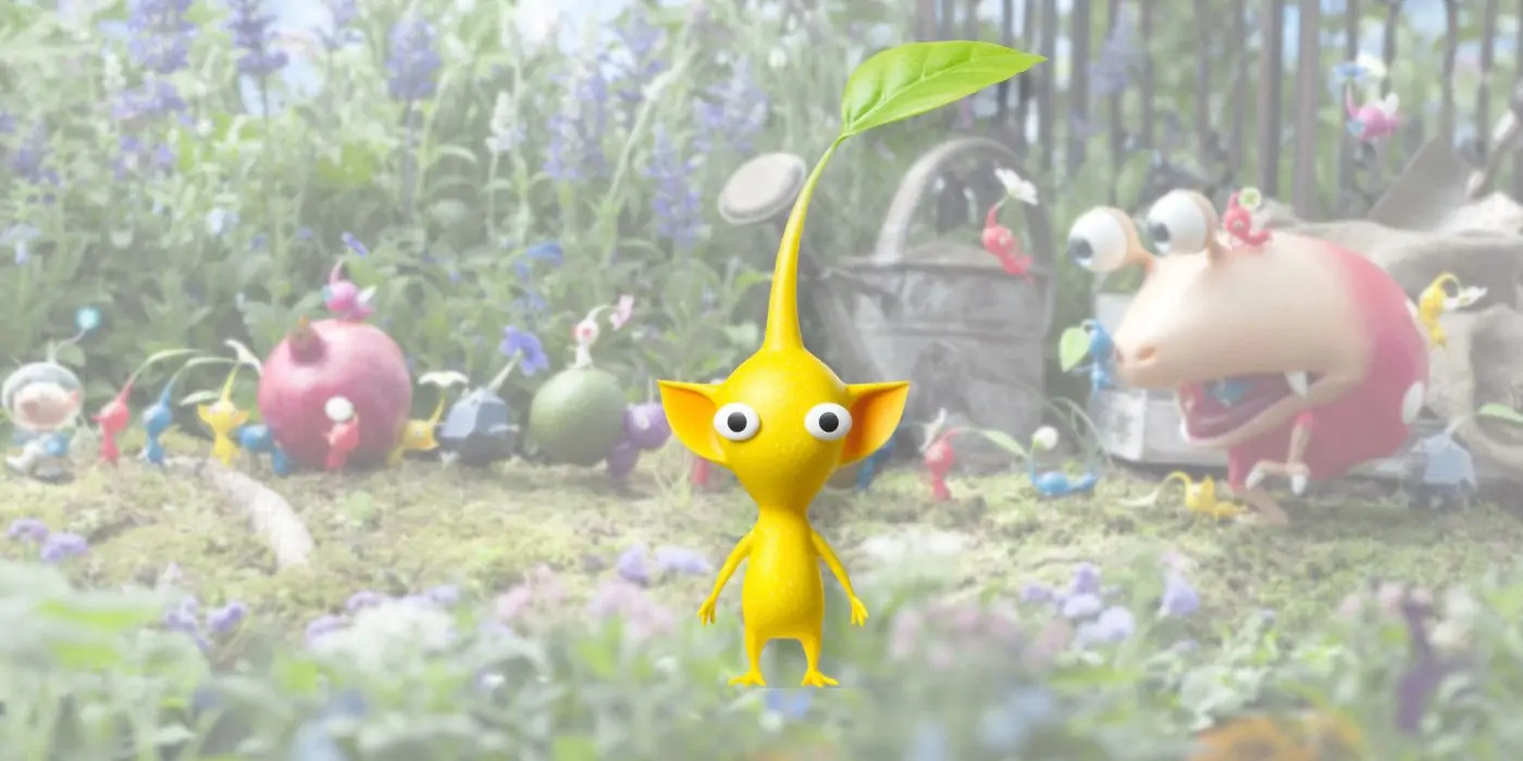 Un Pikmin jaune de la série Pikmin sur fond Pikmin.