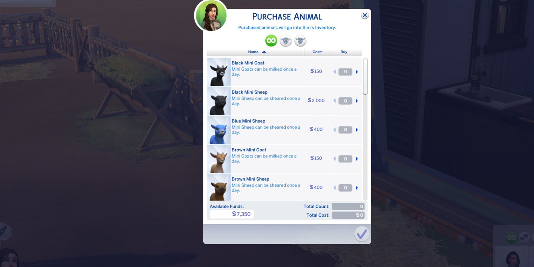 acheter des chèvres et des moutons dans les sims 4
