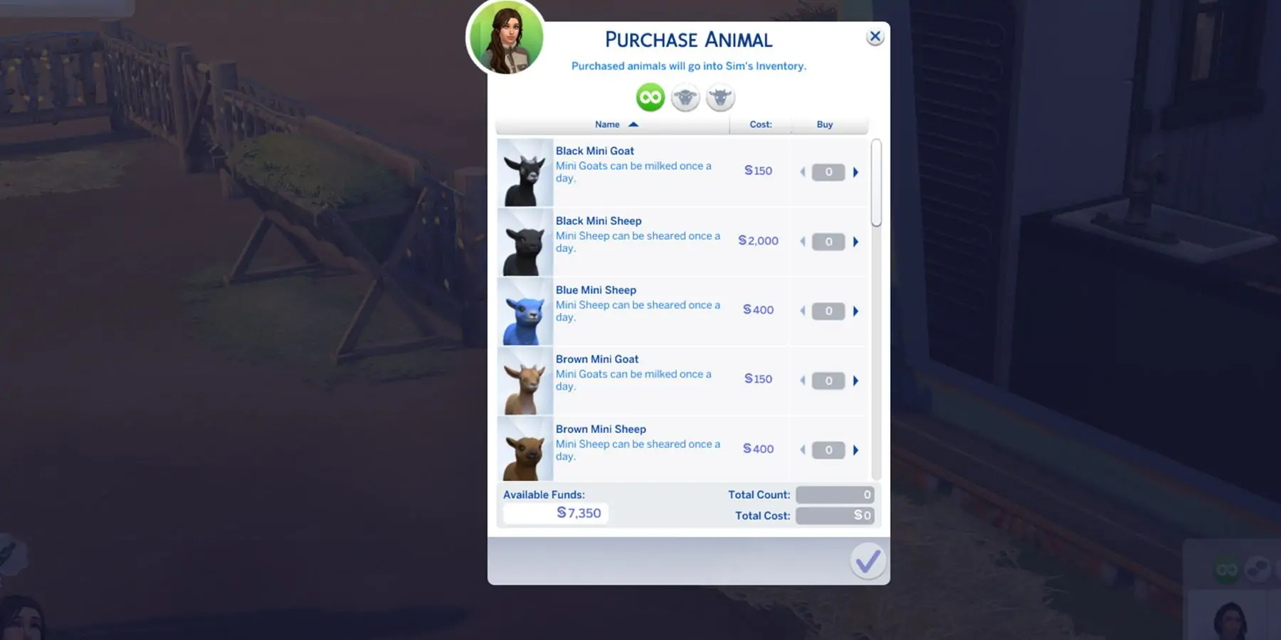 acheter des chèvres et des moutons dans les sims 4