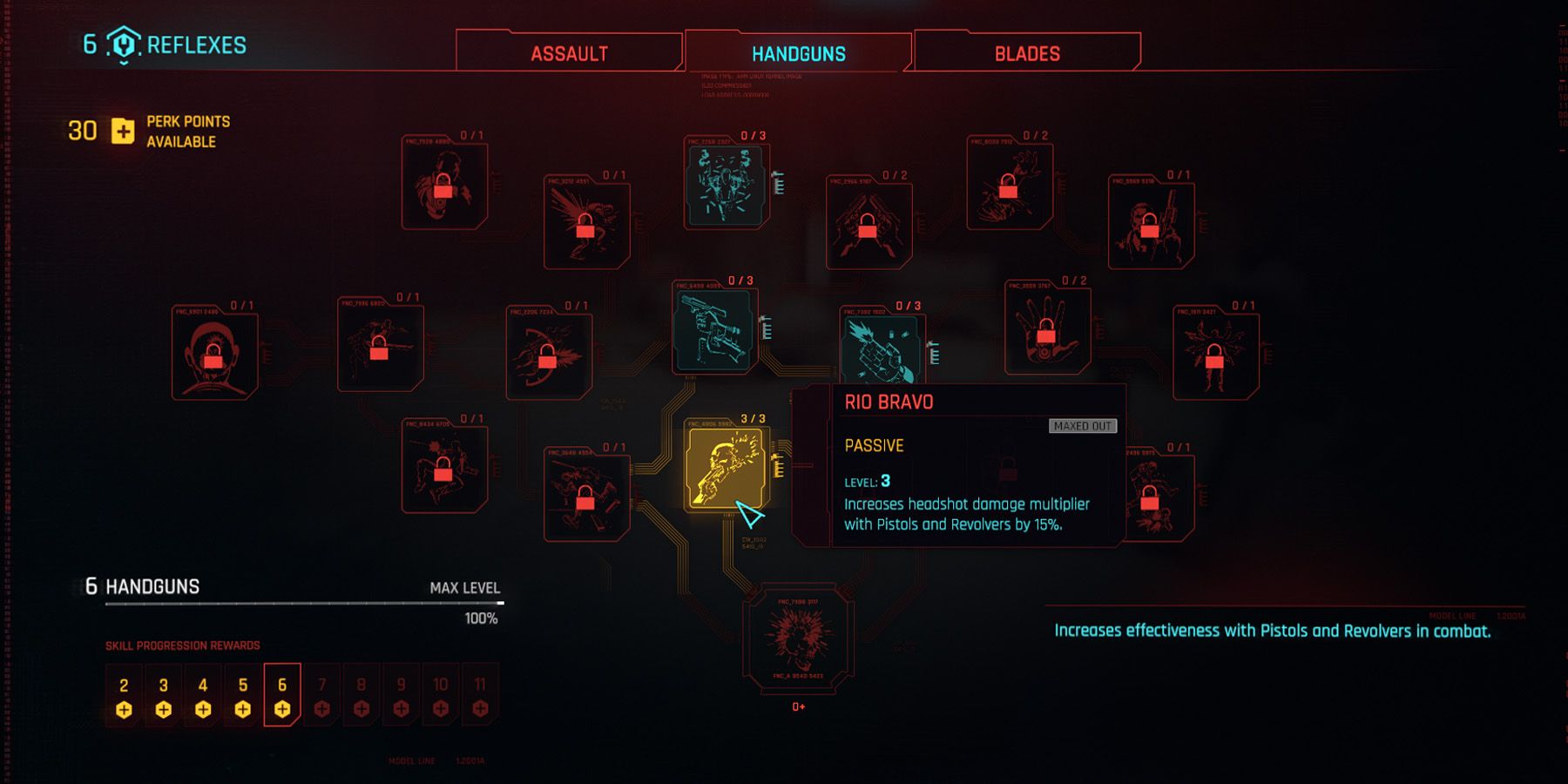 Menu des avantages dans Cyberpunk 2077 montrant l'avantage Rio Bravo.