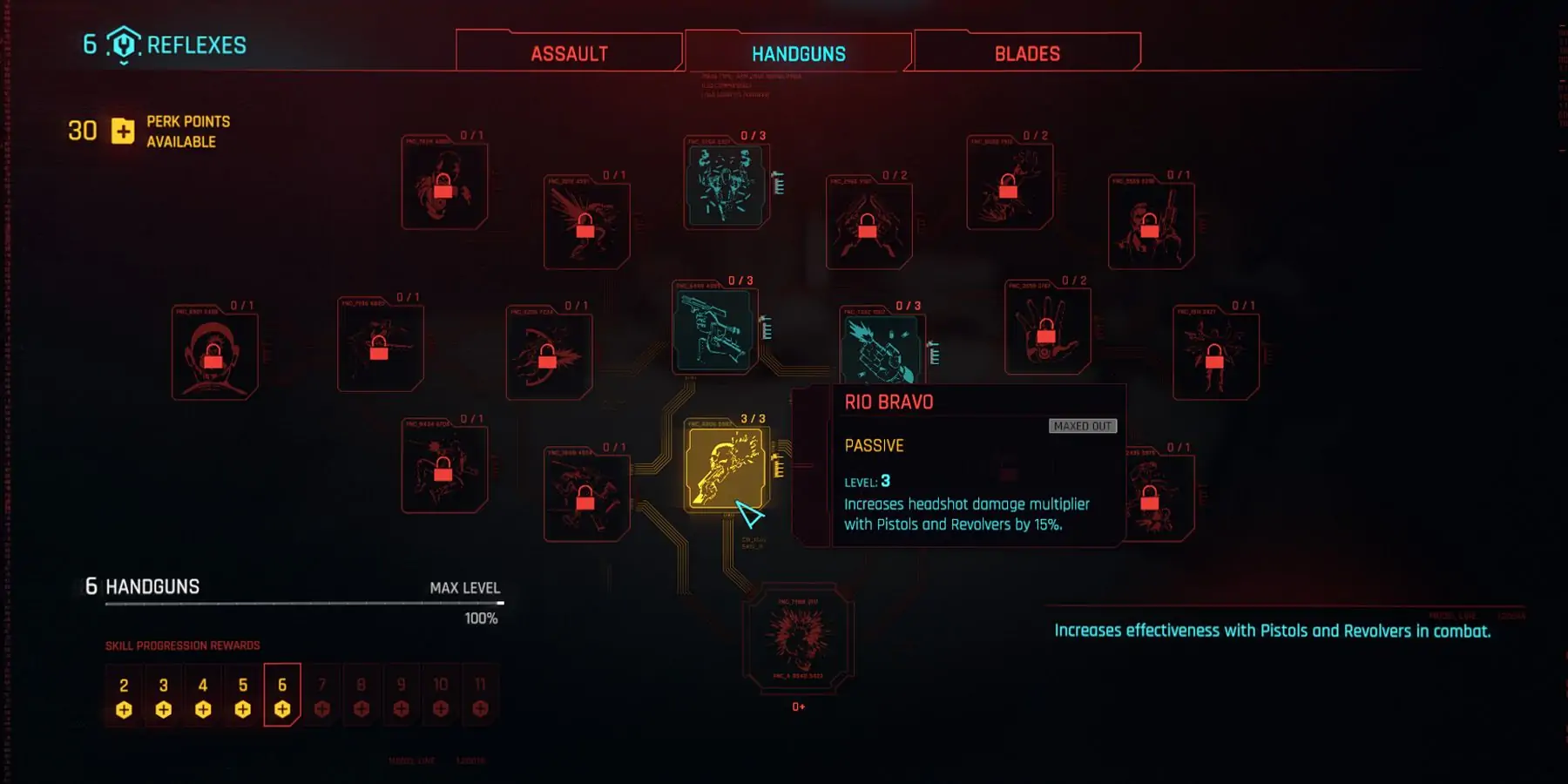 Menu des avantages dans Cyberpunk 2077 montrant l'avantage Rio Bravo.