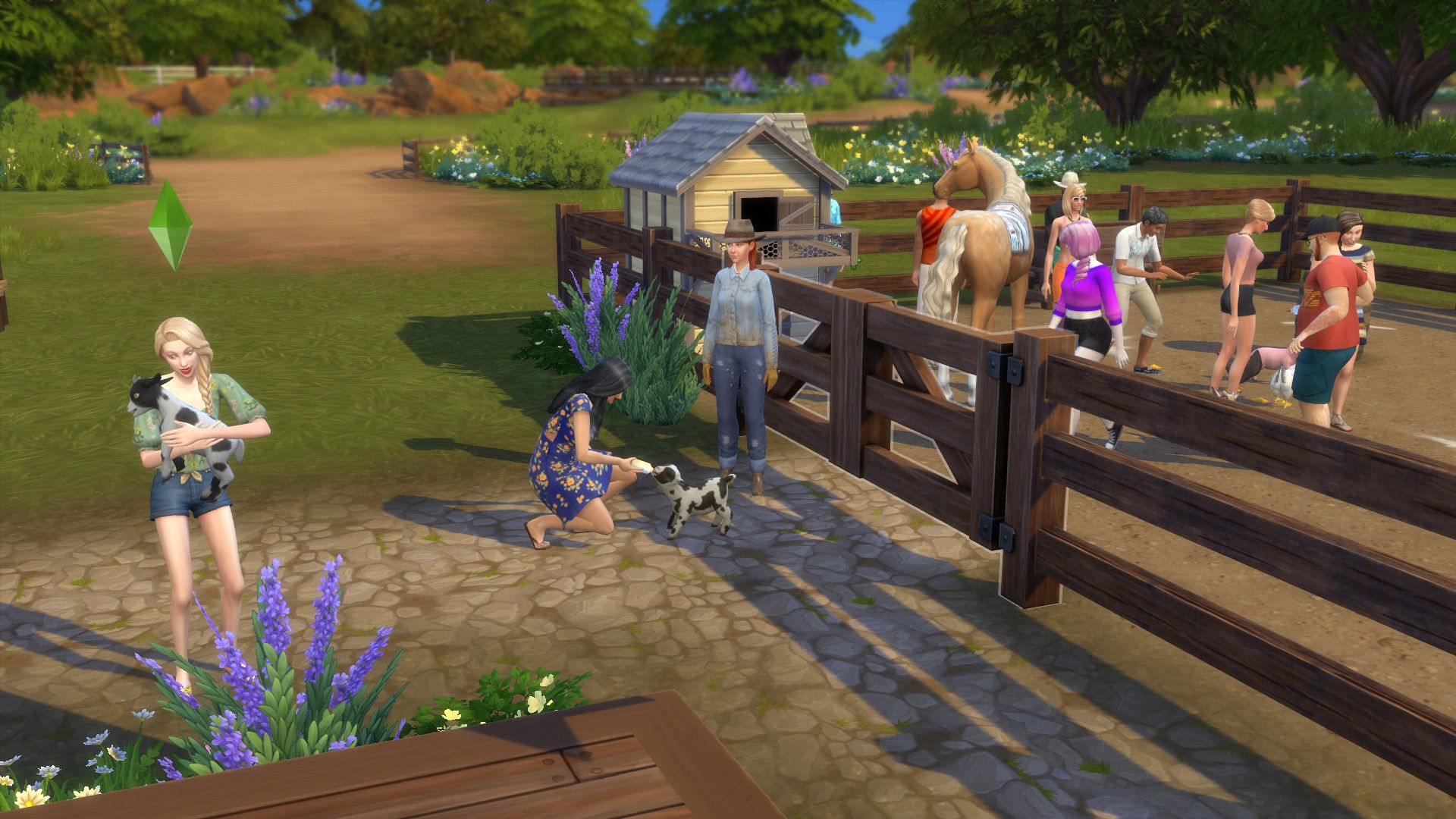 Événement Sims 4 la vie au ranch Animal Day montrant un rassemblement de Sims tenant et interagissant avec des animaux de ranch.