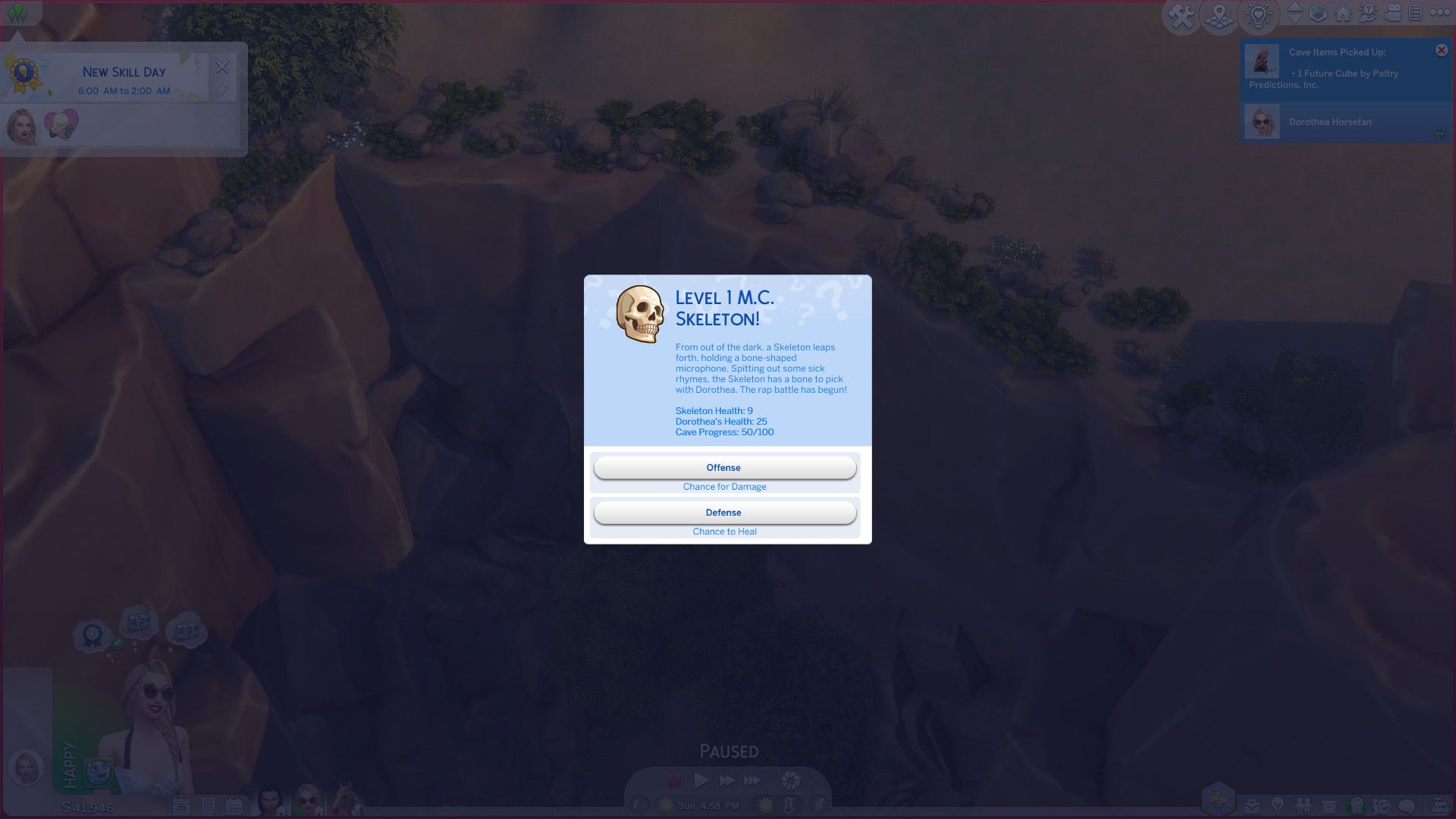 Le combat de Sims 4 Horse Ranch Cave apparaît avec un squelette MC de niveau 1.