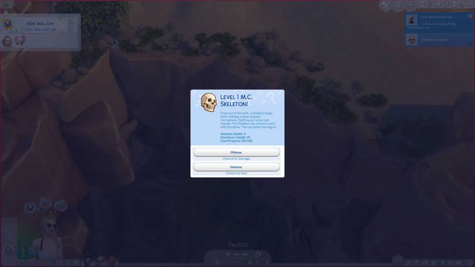 Le combat de Sims 4 Horse Ranch Cave apparaît avec un squelette MC de niveau 1.