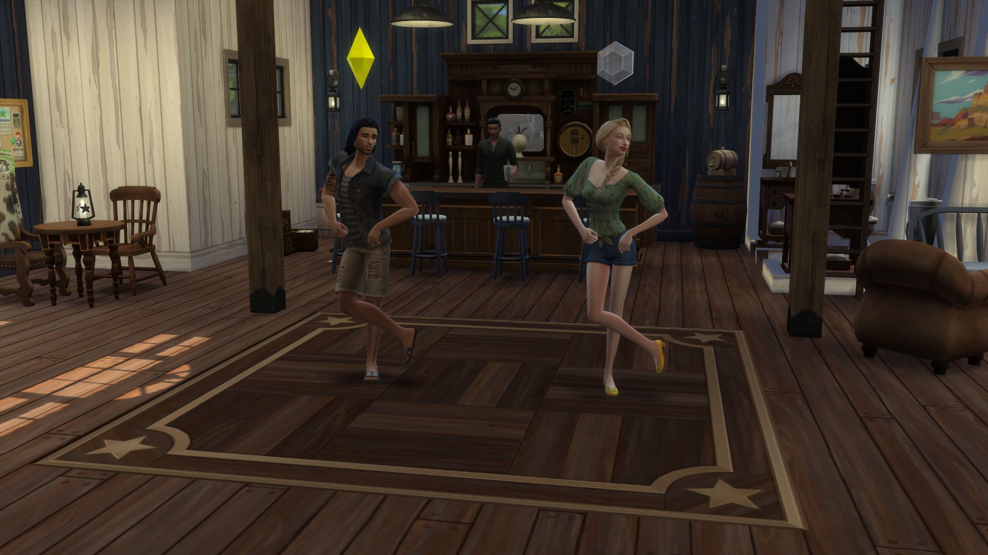 Sims 4 la vie au ranch deux Sims faisant la danse cowpoke dans un saloon.