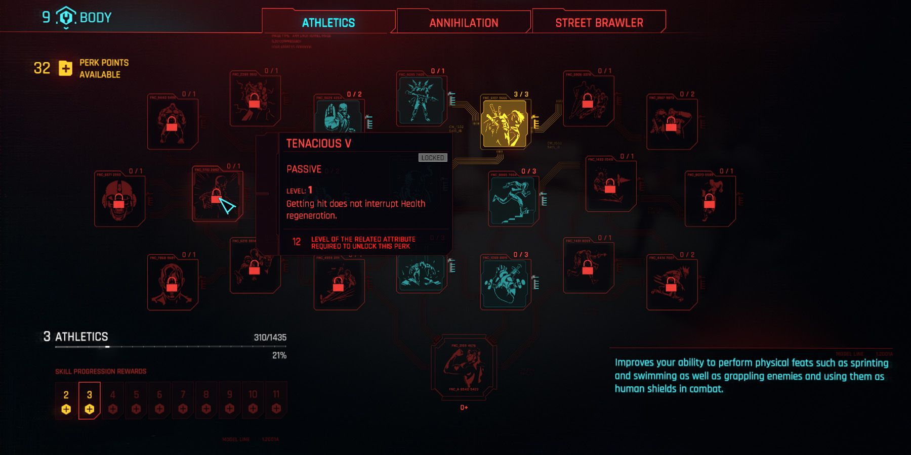 Menu Perk dans Cyberpunk 2077 montrant le Perk Tenacious V.