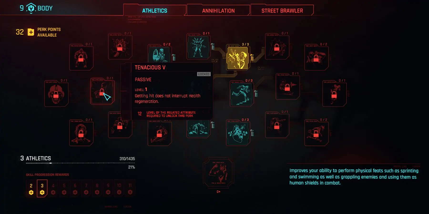Menu Perk dans Cyberpunk 2077 montrant le Perk Tenacious V.