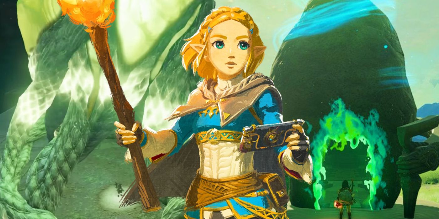 Art de la princesse Zelda debout devant un Lightroot et un sanctuaire dans Zelda : Tears of the Kingdom.