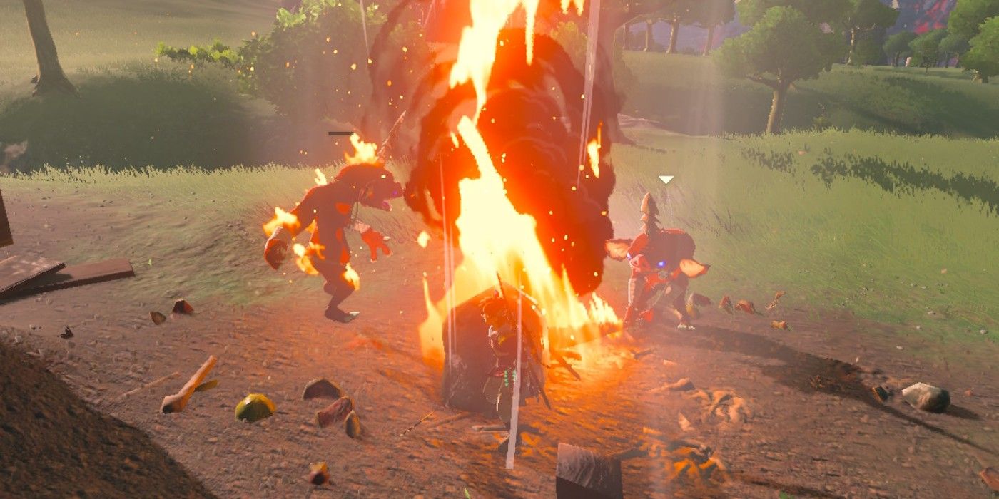 Une explosion de feu de camp provoquée par une pomme de pin hylienne incendie mortellement un Bokoblin dans The Legend of Zelda : Tears of the Kingdom.