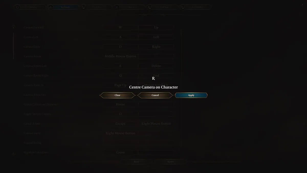 Baldur's Gate 3 Keymap Center Caméra sur le personnage